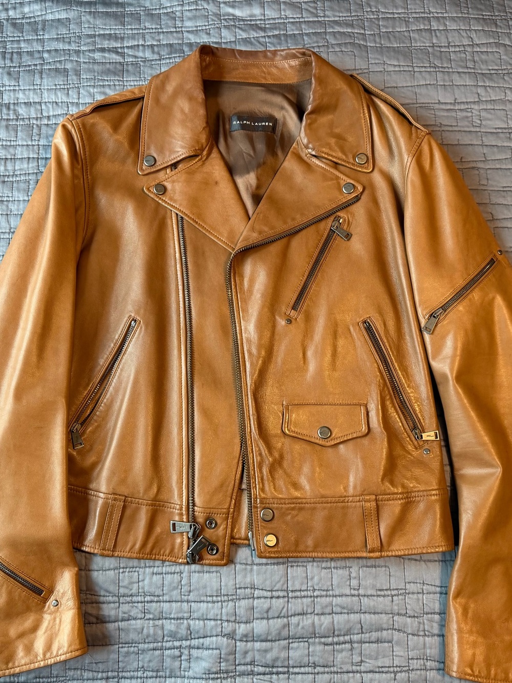 Polo Ralph Lauren Black Label Men’s Cognac Leather Moto Jacket Size Large